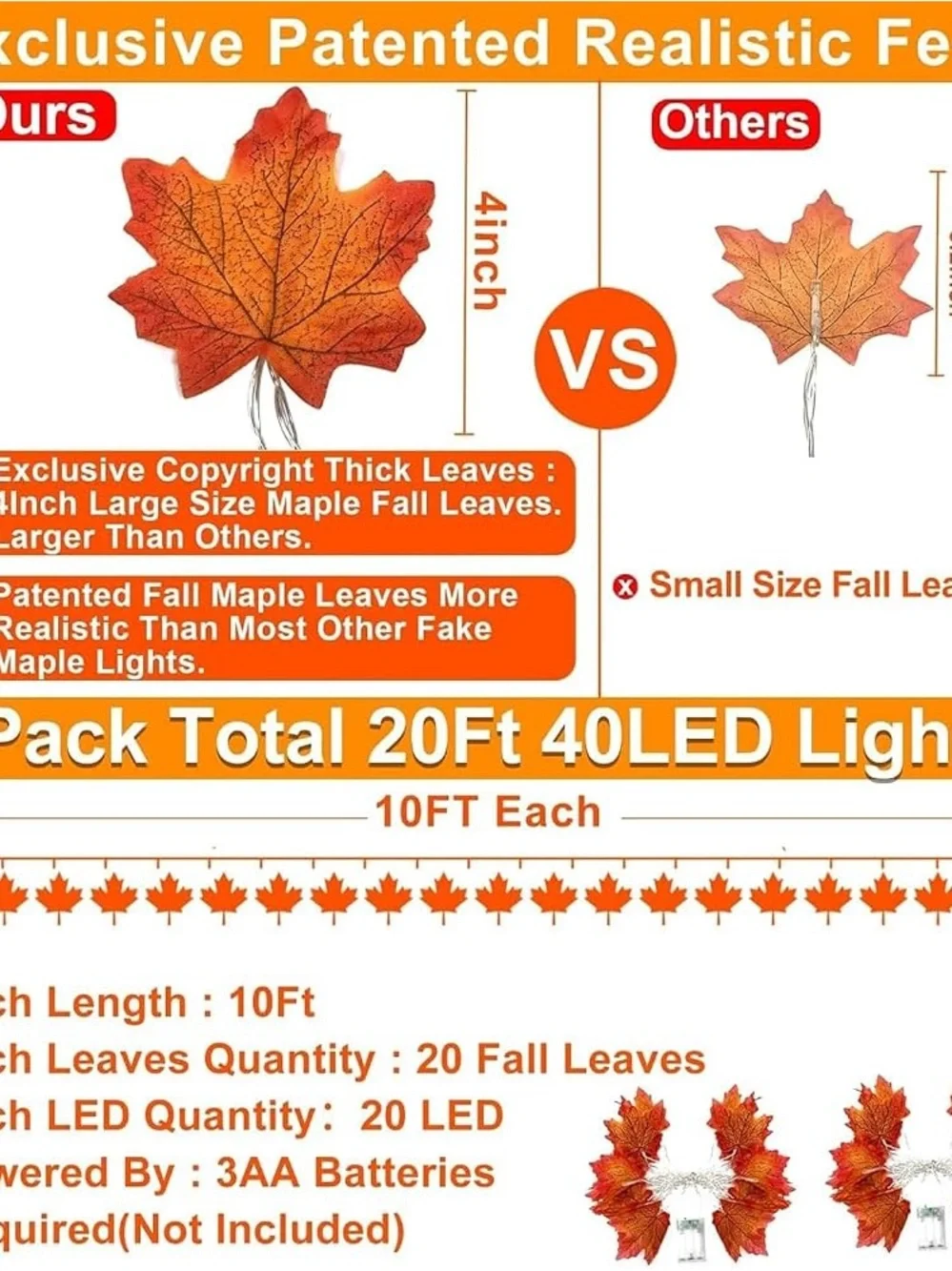 2 pack 10 ft each Autumn Maple Leaf String Lights - Orange Fall Garland